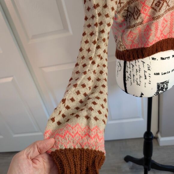 Free People Brown and Cream Nordic Crew Neck Sweater - Picture 3 of 6